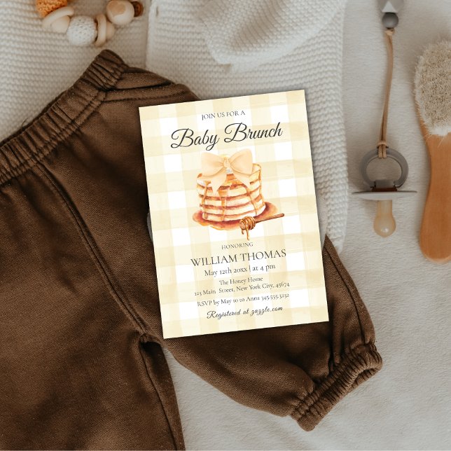 Convites Arco Amarelo Baby Brunake Chá de fraldas (Yellow Gingham Bow Baby Brunch Pancake Baby Shower Invitation)