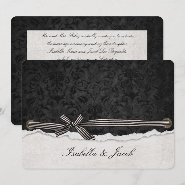 Convites arco amarrado no damasco preto (Frente/Verso)