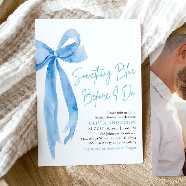 Convites Arco Azul Algo Azul Antes Que Eu Faça Chá de panel (Modern Watercolor Blue Bow Something Blue Before I Do Bridal Shower Invitation)