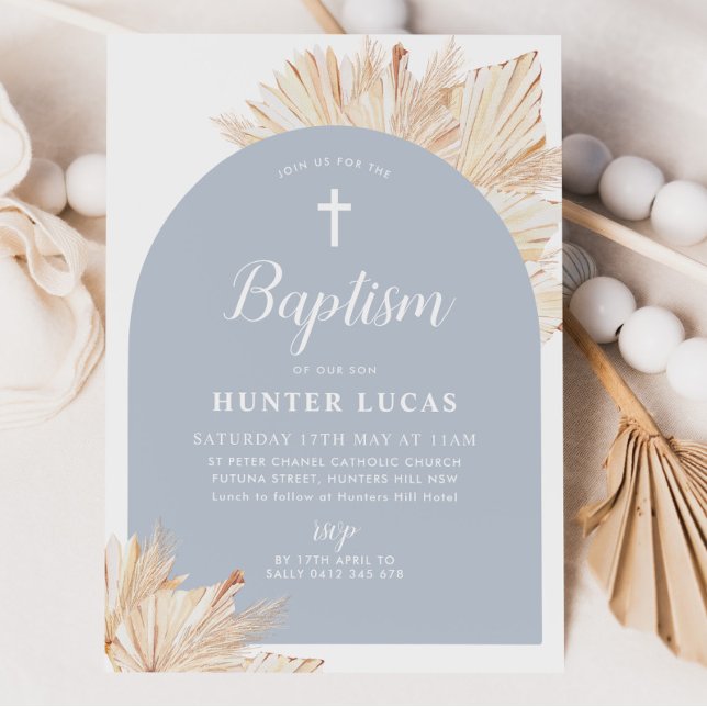 Convites Arco Azul Boho Floral Meninos Batizado e Batismo (Blue Boho Baptism Invitation)
