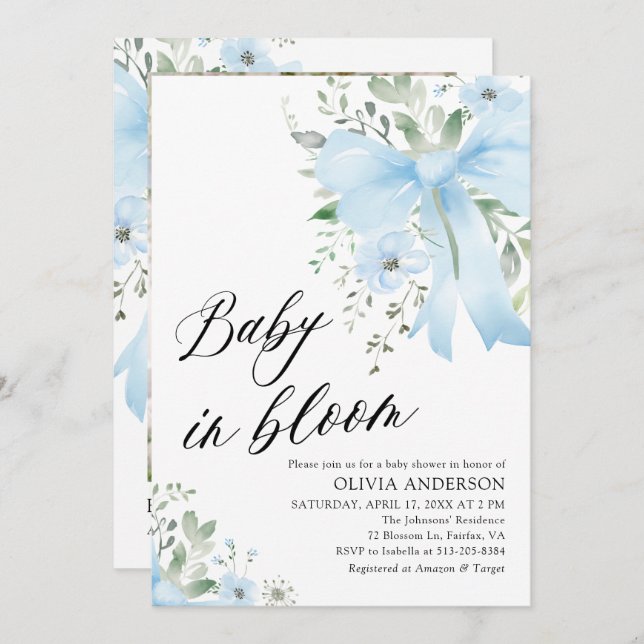 Convites Arco Azul, Chá de fraldas Floral Bloomo (Frente/Verso)