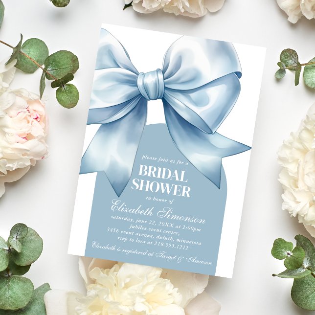 Convites Arco Azul Chá de Noiva Elegante (Blue Bow Elegant Bridal Shower Invitation)
