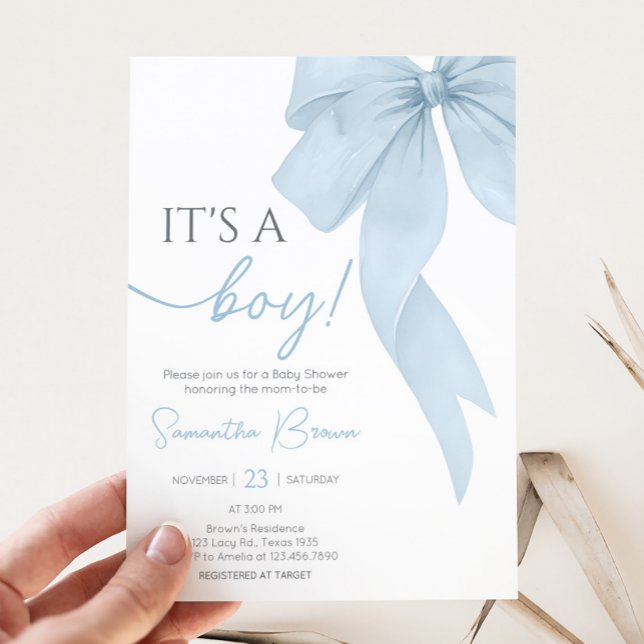Convites Arco Azul É Um Chá de fraldas (Its A Boy Blue Bow Baby Shower Invitation
)