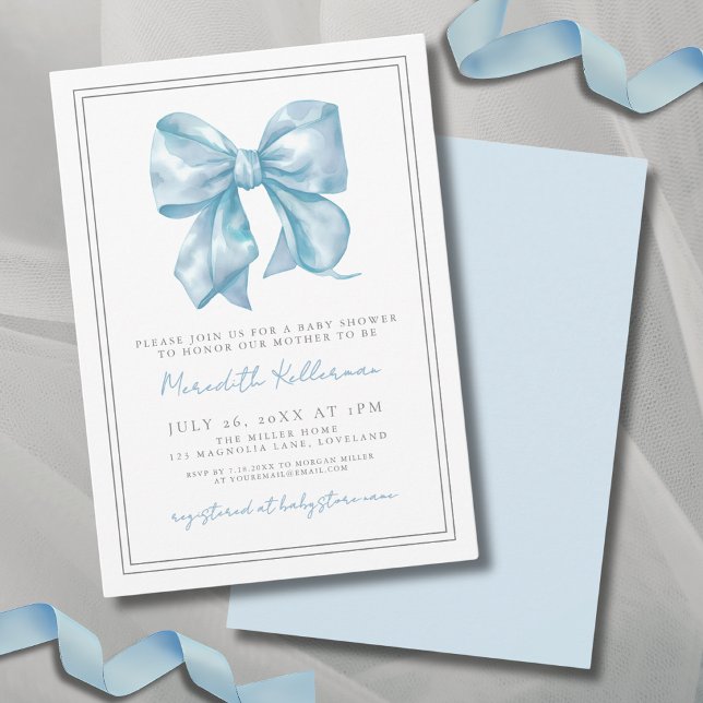 Convites Arco Azul Elegante (Elegant Baby Blue Bow Baby Shower Invitation)