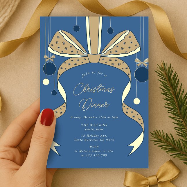 Convites Arco Azul Elegante e Festa de Natal de Fitas (elegant bow and ribbon Christmas party invitation blue and cream)