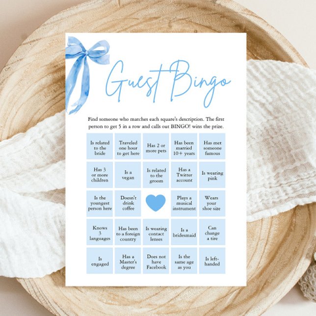 Convites Arco Azul Encontre o Jogo do Chá de panela de Bing (Modern Watercolor Dusty Blue Bow Find the Guest Bingo Bridal Shower Game)