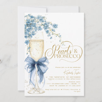 Convites Arco Azul Floral Pérolas e Prosecco Chá de Noiva