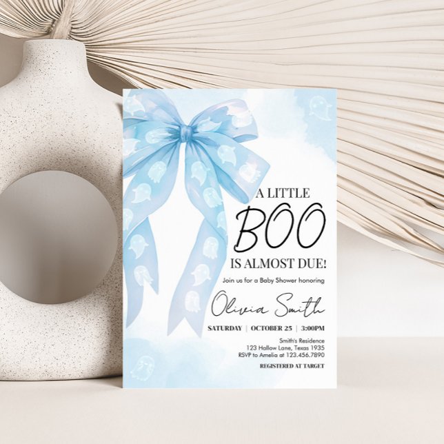 Convites Arco azul Pequeno Chá de fraldas (Blue Bow Little Boo Halloween Coquette Baby Shower Invitation)