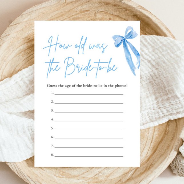 Convites Arco Azul Quantos Anos Tinha a Noiva Jogo de Chá d (Modern Watercolor Blue Bow How Old Was the Bride Bridal Shower Game)