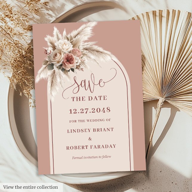 Convites Arco Boho Caprichoso Floral Rosa Po dusty Save Dat (Whimsical Boho Arch Dusty Pink Floral Save the Date)