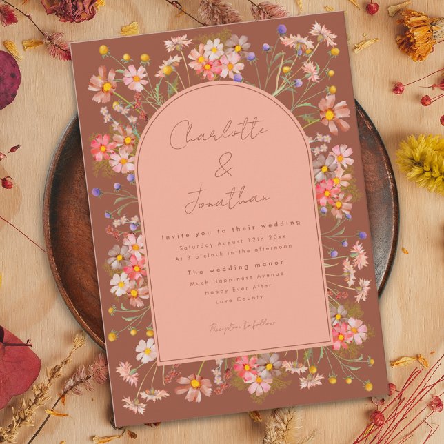 Convites Arco Boho de Flor Silvestre Laranja Queimada Casam (Wildflower arch burnt Orange terracotta boho fall wedding invitation with whimsical script )