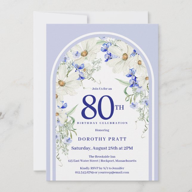 Convites Arco Boho Floral Branco Azul para Aniversário de 8 (Frente)