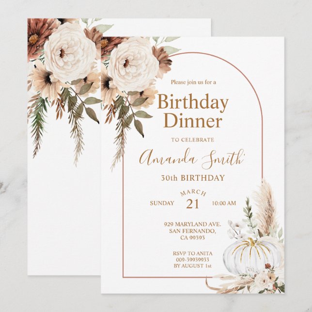 Convites Arco Boho Floral de Abóbora de Outono Aniversário  (Frente/Verso)