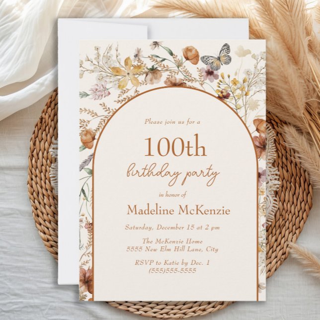 Convites Arco Boho Flores Silvestres 100º Aniversário (Boho floral and butterfly 100th birthday party invitation )