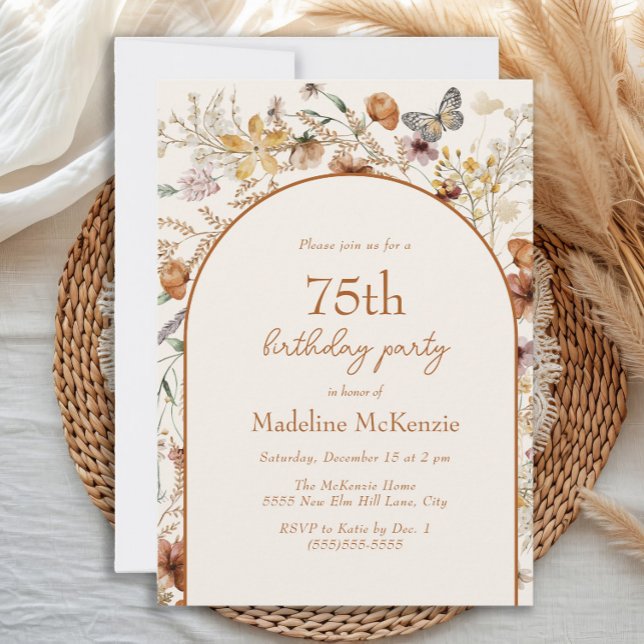 Convites Arco Boho Flores Silvestres 75º Aniversário (Boho floral and butterfly 75th birthday invitation)