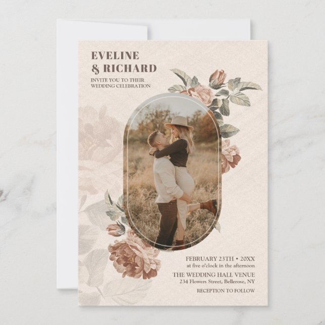 Convites Arco-boho vintage terracotta rosa verde (Frente)