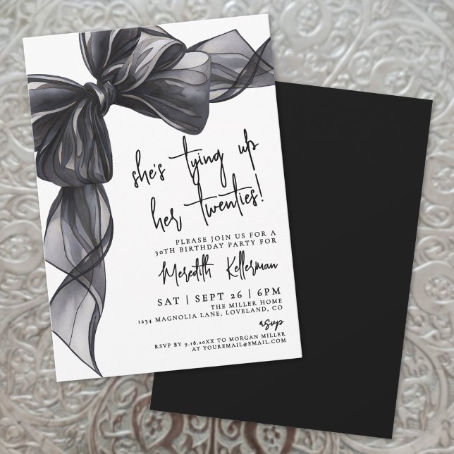 Convites Arco branco preto moderno Festa de aniversário (Modern Black White Bow Birthday Party Invitation)
