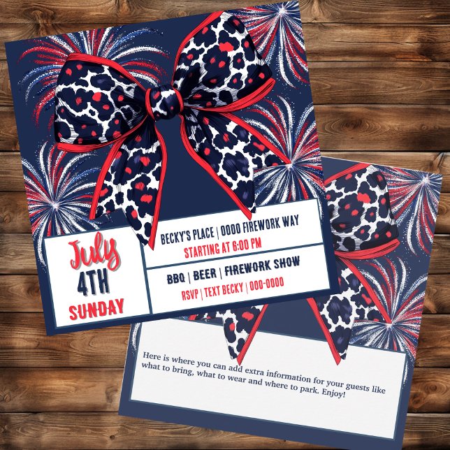 Convites Arco branco-vermelho e leopardo azul (July 4th Independence Day Patriotic party invitation you can customize on both sides
)