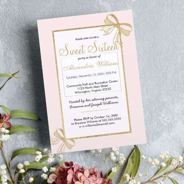Convites Arco brilhante, cor-de-rosa, dourado, brilhante 16 (Blush pink faux gold glitter bow Sweet 16 Invitation)