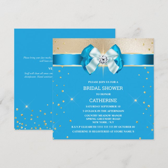 Convites Arco brilhante de brilho de ouro azul (Frente/Verso)