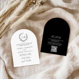 Convites Arco Casamento Clássico Monograma QR Code Preto e