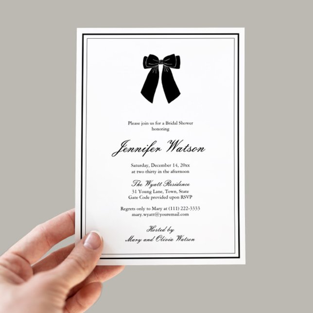 Convites Arco Chic Chá de panela Negro E Branco (Classy black bow Old Money aesthetic bridal shower invitation with elegant border and calligraphy)