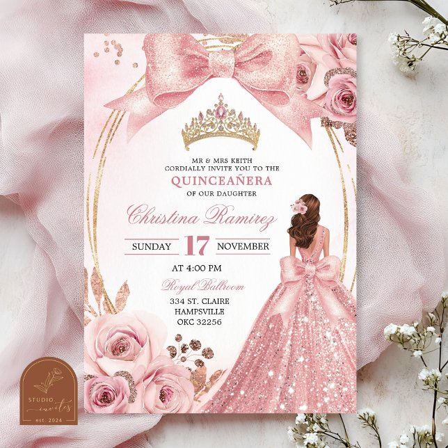 Convites Arco Coquete Rosa Dourado Princesa Quinceanera (Criador carregado)
