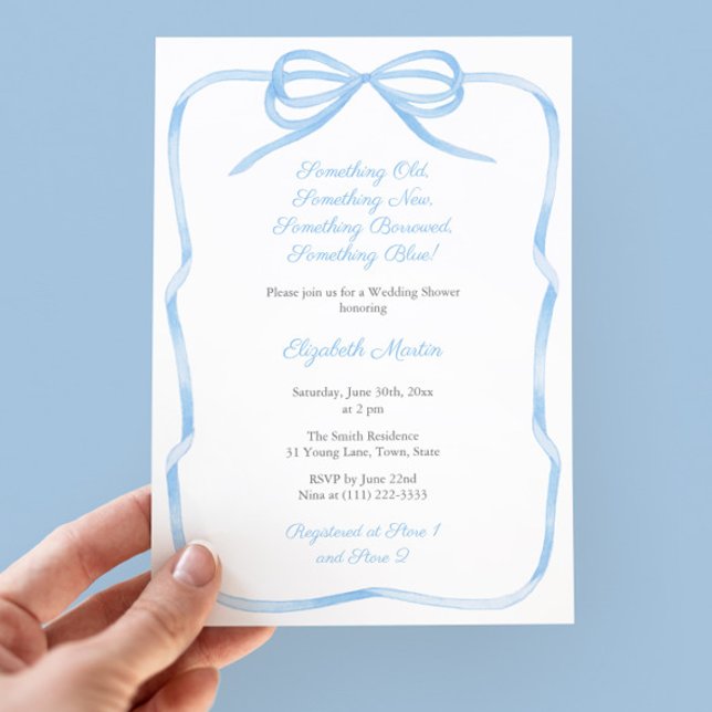 Convites Arco Coquette Algo Chá de panela Azul (Something Blue Theme Bridal Shower Party Invitation With Coquette Light Blue Bow and Ribbon Frame)