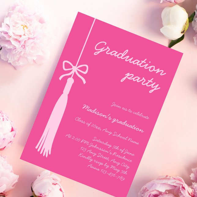 Convites Arco Coquette Formando Rosa Graduação 2025 (Coquette Bow Pink Grad Tassel 2025 Graduation Invitation)