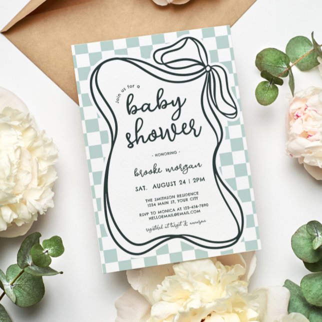Convites Arco Coquette Gênero Chá de fraldas neutro (Gender Neutral Coquette Checkered Baby Shower Invite)