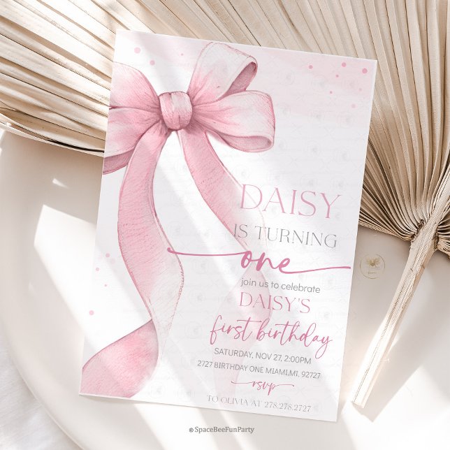 Convites Arco Coquette Rosa 1º Aniversário  (Bow Coquette Birthday Invitation )