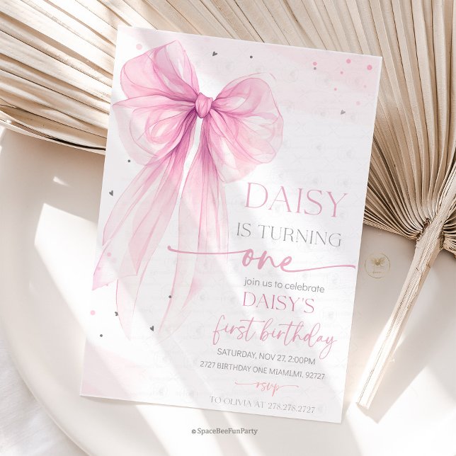 Convites Arco Coquette Rosa 1º Aniversário  (Bow Coquette Birthday,Elegant coquette,ribbon pamper party,Bow Any Age Party, Party decoration bow,)