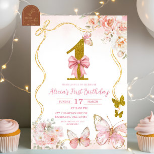 Convites Arco Coquette Rosa Borboleta Primeiro Aniversário