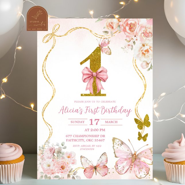 Convites Arco Coquette Rosa Borboleta Primeiro Aniversário (Criador carregado)