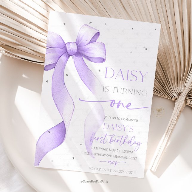 Convites Arco Coquette Roxo 1º Aniversário  (Bow Coquette Birthday Invitation )