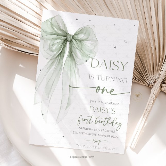 Convites Arco Coquette Sage 1º Aniversário  (Bow Coquette Birthday Invitation )