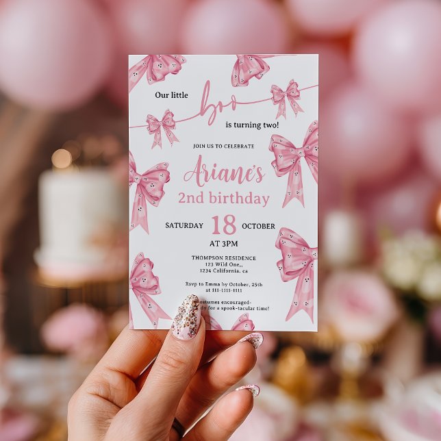 Convites Arco cor-de-rosa fantasma Pequeno segundo aniversá (Pink Coquette Bow Ghosts Little boo 2nd birthday Invitation)