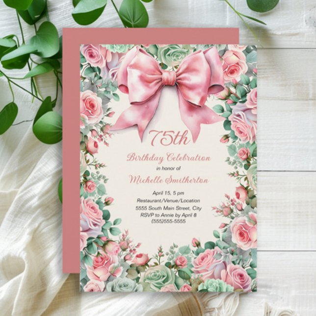 Convites Arco Cor-de-Rosa Mint Verde Floral 75º Aniversário (Coquette Pink Bow and Roses with Mint Green Watercolor Floral 75th Birthday Invitation)
