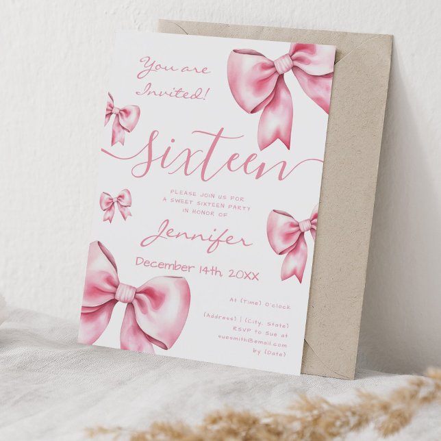 Convites Arco Cor-de-rosa-pincelado Coquette Doce 16 (Coquette Blush Pink Bow Sweet 16 Party Invitation)