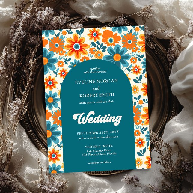 Convites Arco das flores amarelas e azuis do rancho retro (Retro groovy orange yellow and blue flowers arch invitation)