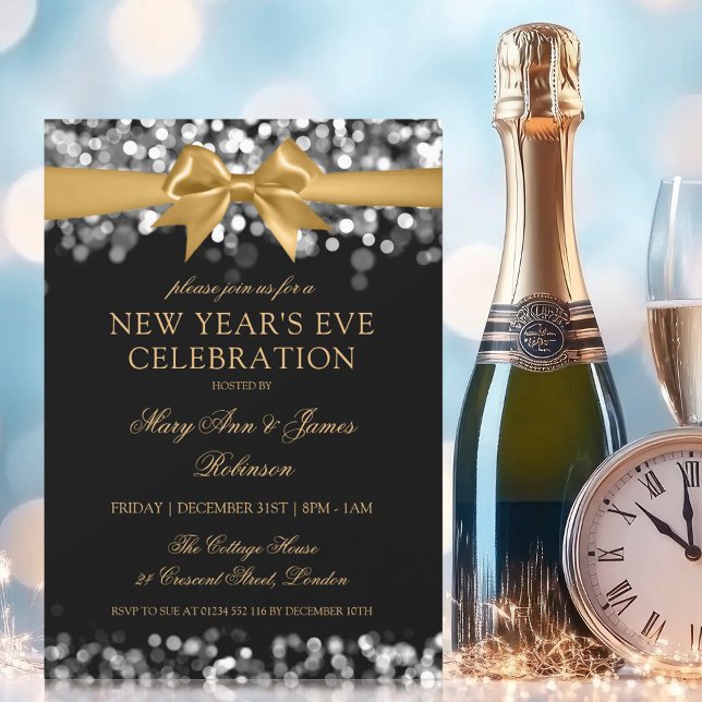 Convites Arco das Luzes do Shimmer Prateado Dourado (New Years Eve Gold Silver Shimmer Lights Bow Invitation)