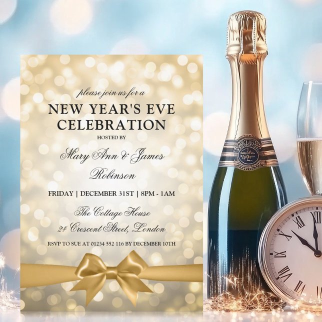 Convites Arco das luzes Douradas do cabo Elegante (Elegant New Years Eve Gold Bokeh Lights Bow Invitation)