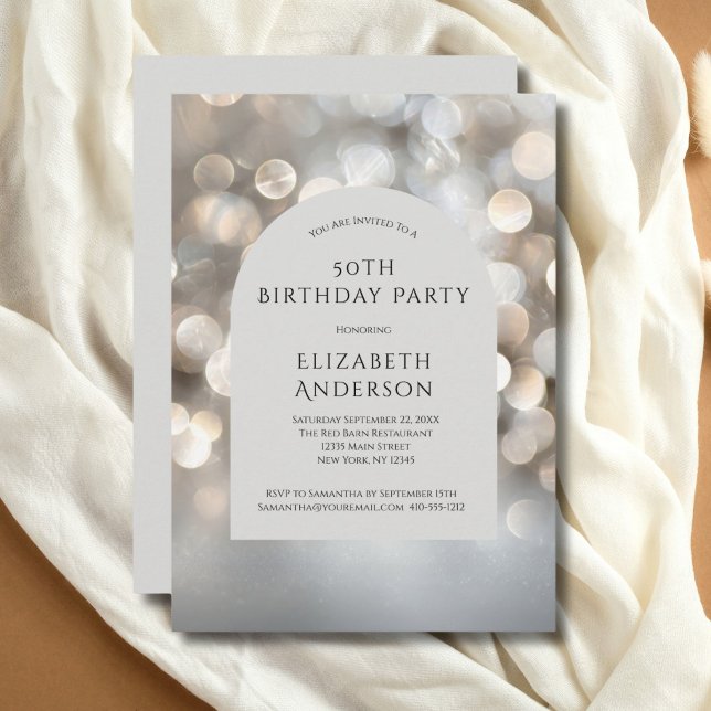 Convites Arco de Água-forte Cinza Prata para Aniversário de (Silver Gray Bokeh Arch Watercolor 50th Birthday invitation for him or her. Printed or Digital)