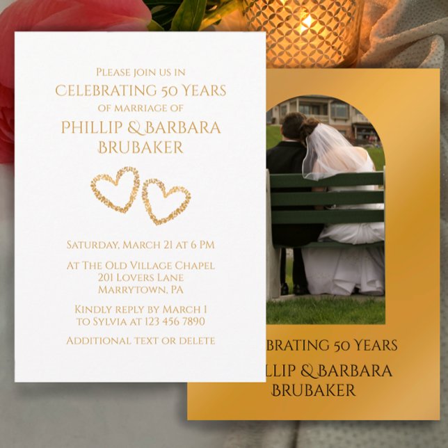 Convites Arco de Aniversário de 50 Anos de Casamento com Co (Personalize this template for a simple elegant golden wedding anniversary party invitation.
)