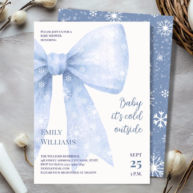 Convites Arco de Aquarela Azul frio fora do Chá de fraldas (Winter Baby Shower Invitation | Baby It’s Cold Outside Theme with Blue Snowflake Bows)