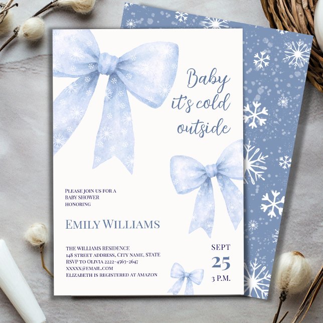 Convites Arco de Aquarela Azul frio fora do Chá de fraldas (Winter Baby Shower Invitation | Baby It’s Cold Outside Theme with Blue Snowflake Bows)