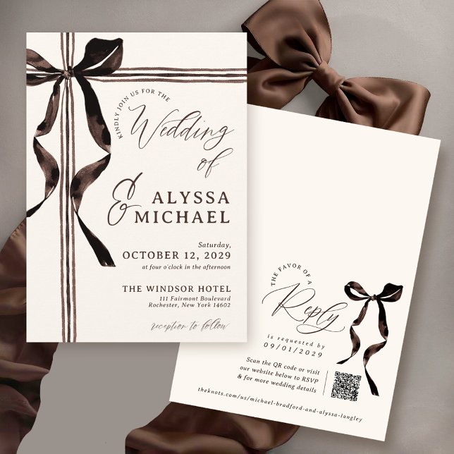Convites Arco de Aquarela Marrom Elegante Código QR Marfim  (Brown watercolor bow elegant ribbon unique modern trendy QR code ivory wedding invitation)