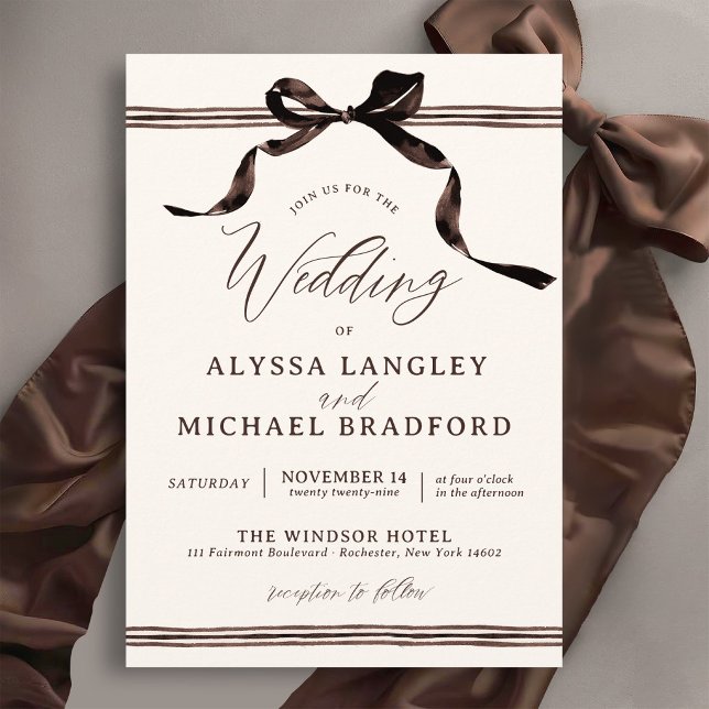 Convites Arco de Aquarela Marrom Elegante Simples Casamento (Modern brown watercolor coquette bow elegant ribbon simple qr code details ivory wedding invitation)