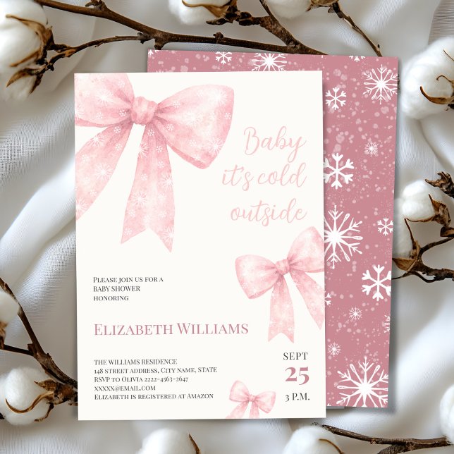 Convites Arco de aquarela rosa frio fora do Chá de fraldas (Winter Baby Shower Invitation | Baby It’s Cold Outside Theme with pink Snowflake Bows)