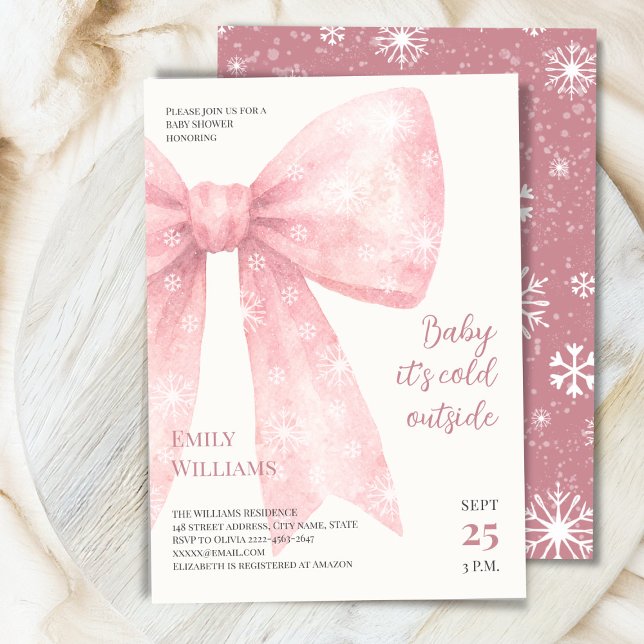 Convites Arco de aquarela rosa frio fora do Chá de fraldas (Winter Baby Shower Invitation | Baby It’s Cold Outside Theme with pink Snowflake Bows)